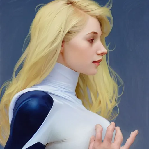 Image similar to a beautiful cartoon still portrait of a beautiful cute young woman shoulder - length blonde hair superhero wearing a tight solid matte navy blue lycra suit white cape white cowl white shoulders, intricate, elegant, 8 k, highly detailed, digital painting, concept art, smooth, sharp focus, illustration, by artgerm greg rutkowski alphonse mucha loish wlop