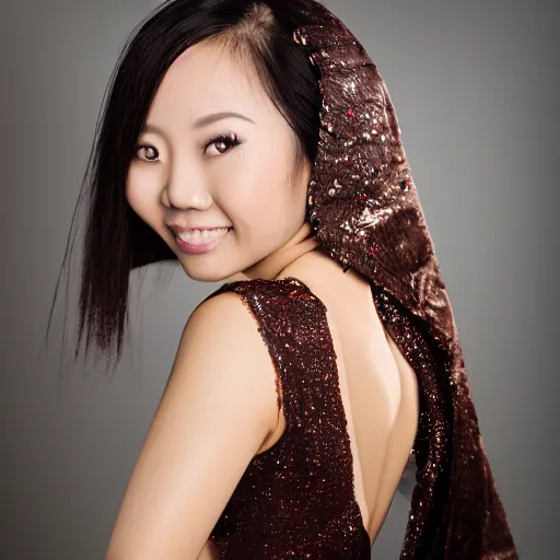 Image similar to an asian woman wearing a beautiful evening gown made of dark chocolate. studio lighting, high quality, high resolution