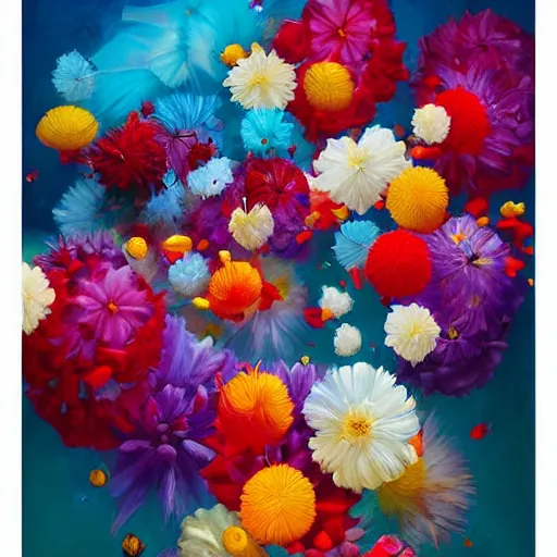 Image similar to a painting of a bunch of flowers floating in the air, a surrealist painting by rhads, james jean, alberto seveso, behance contest winner, psychedelic art, made of flowers, wallpaper, art