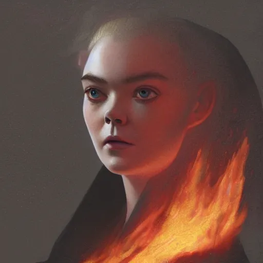 Prompt: Elle Fanning wearing black cultist robes in the style of Paola Vetri, a fire burns on the beach, head and shoulders portrait, stormy weather, extremely detailed masterpiece, oil on canvas, low-key neon lighting, artstation, Blade Runner 2049, Roger Deakin’s cinematography, by J. C. Leyendecker and Peter Paul Rubens and Edward Hopper and Michael Sowa,