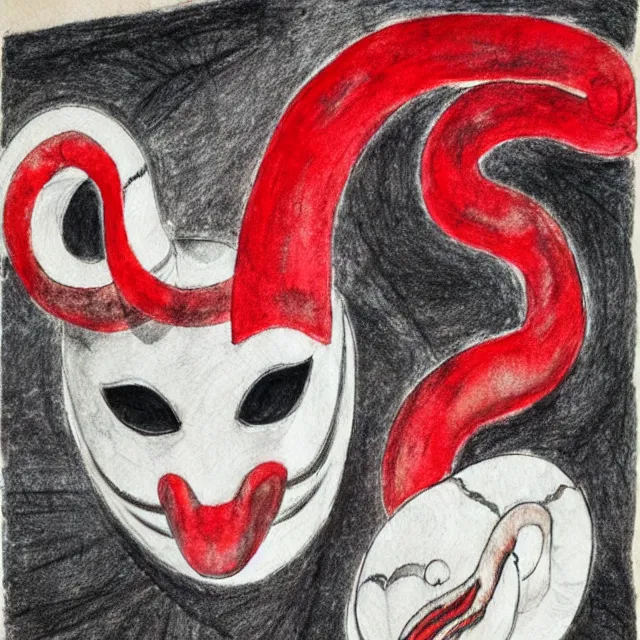 Prompt: concept art by michelangelo, pencil and watercolor. a japanese mask representing a snake, black and white with red accents