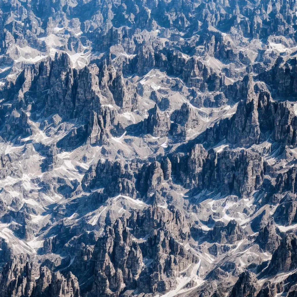 Image similar to 5 unique UFOs flying over swirling stylized dolomites, birds eye view