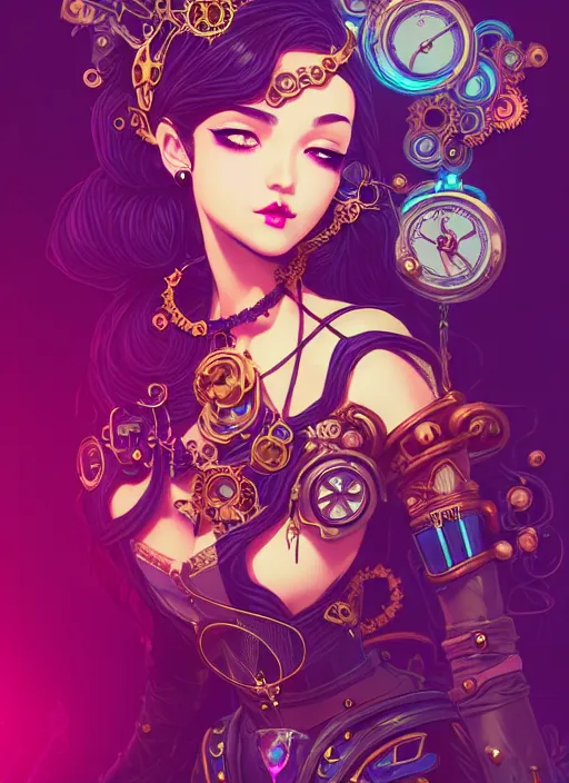 Image similar to a beautiful princess, adorned with steampunk accessories, league of legends arcane, intricate, elegant, highly detailed, digital painting, artstation, concept art, smooth, sharp focus, cyberpunk synthwave, vaporwave, 8 k, by audrey kawasaki and ilya kuvshinov