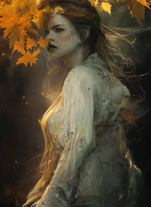 Image similar to golden leaves, beautiful portrait painting by jeremy mann, a female witch absurdly beautiful, elegant, ultrafine hyperrealistic detailed face illustration by wlop and artgerm and greg rutkowski, intricate linework, sharp focus, smooth, octopath traveler, final fantasy, unreal engine, dramatic lighting, ethereal, 8 k