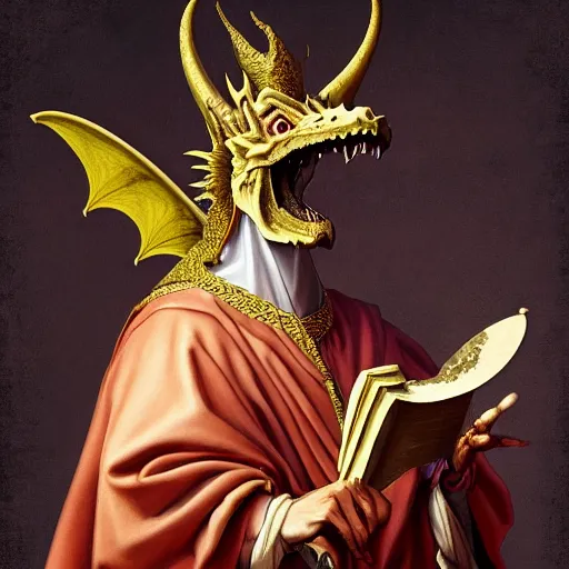 Prompt: baroque painting of a medieval dragon dressed as a wizard, the dragon has a long white beard, crescent moon in the background, detailed fullbody portrait, 8K HD image