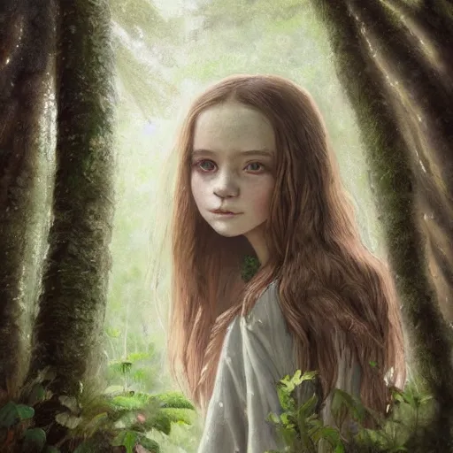 Image similar to a candid portrait of a girl wearing in the woods, atmospheric, highly detailed, portrait painting, fairytale, fantasy, illustration by scott gustafson