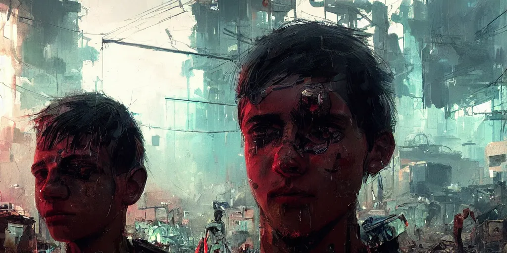 Image similar to extreme closeup on the eyes of a neon guard boy with short dark hair in front of a dystopian crowd with piles of garbage by Ismail inceoglu dragan bibin hans thoma, Perfect face, fine details, realistic shaded, fine-face, pretty face