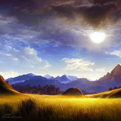 Prompt: a cinematic landscape view looking at an open field, mountains in the distance, the sun shines through the parted clouds, digital painting, fantasy, art by alexandre mahboubi