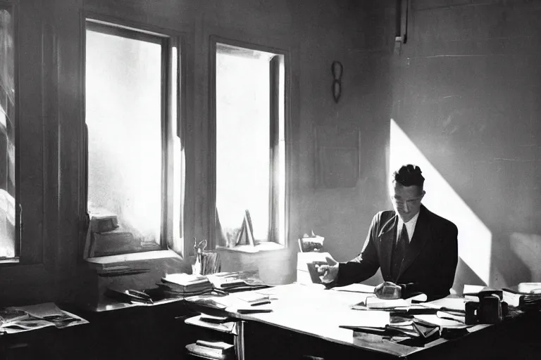 Prompt: a 1 9 5 0 s detective in his office, sunbeams streaming through the window