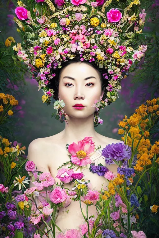 Image similar to a beautiful portrait of an empress in her garden, with a brilliant, impossible striking big flower headpiece, clothes entirely made out of flowers, symmetrical, closeup, dramatic studio lighting, rococo, baroque, jewels, asian, hyperrealism, D&D, fantasy, intricate, elegant, highly detailed, digital painting, artstation, octane render, 8k, concept art, matte, sharp focus, illustration, art by Artgerm and Greg Rutkowski and Alphonse Mucha