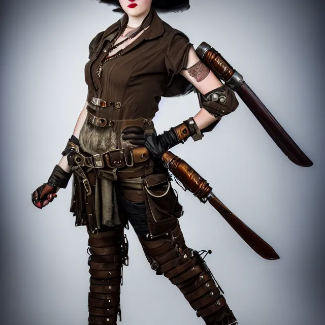 Image similar to full length photo of a very beautiful female dieselpunk warrior, 8 k, hdr, smooth, sharp focus, high resolution, award - winning photo