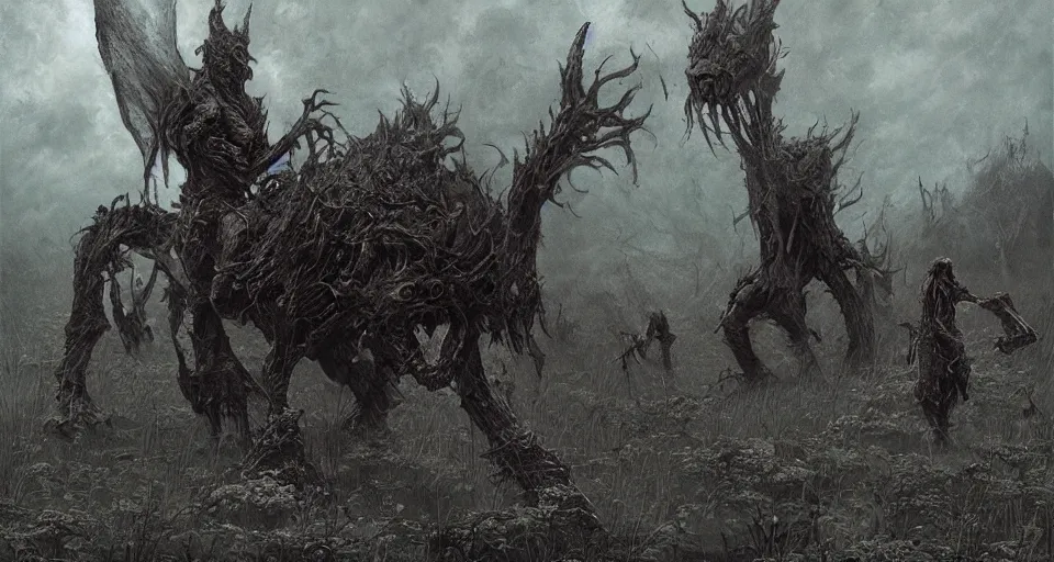 Image similar to lamasu prowling on the abandoned wasteland, wide shot, epic, dark fantasy, beksinski, wayne barlowe, warhammer fantasy art, lord of the ring art, dark soul concept art