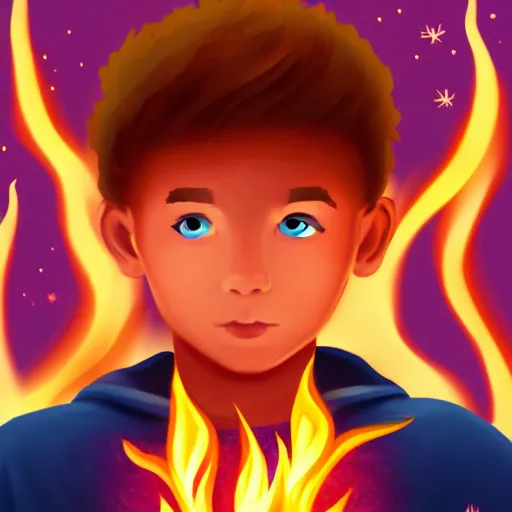 Image similar to A digital art of a boy with magical fire powers