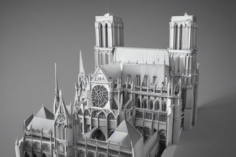 Prompt: paper model of the Notre Dame, hyperrealistic, very fine details, studio light, 8K, product photo, spotlight