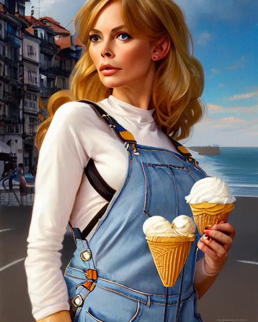 Image similar to portrait of a blonde fuller figured barbara bach from the bond film wearing dungarees and eating ice creams in porto, real life skin, intricate, elegant, highly detailed, artstation, concept art, smooth, sharp focus, art by artgerm and greg rutkowski and alphonse mucha