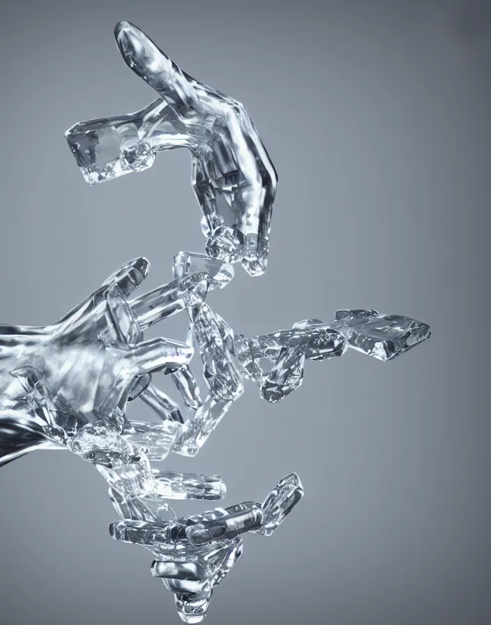 Image similar to crystal hand coming out of water 3d render, octane render, photorealistic highly detailed aesthetic