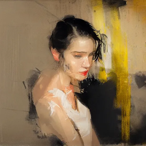 Prompt: spontaneous unfinished romantic portrait, beautiful juicy brush strokes, by Richard schmid and Sargent, low key lighting, black and gold underpainting, trending on cgsociety, expressionism, linen canvas