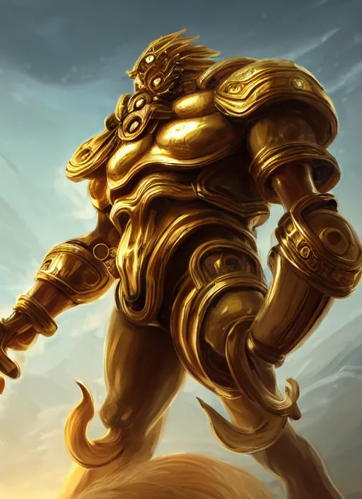 Image similar to a highly detailed illustration of gentle colossal golden greek mechanical giant, with cute doting eyes, intricate, elegant, highly detailed, centered, digital painting, artstation, concept art, smooth, sharp focus, league of legends concept art, wlop.