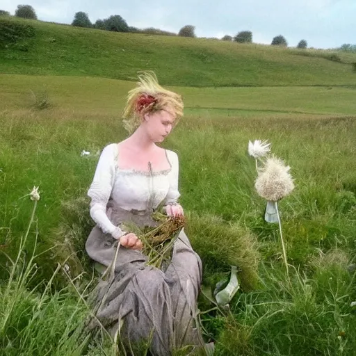 Prompt: thistles, woman and a swan. a meadow, late english summer. folk horror style. beautiful. gothic. dreamy. rooks