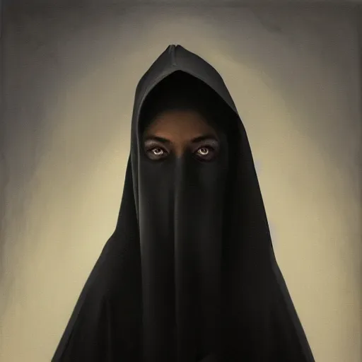 Image similar to a portrait of a young black woman wearing a long dark cloak, hood and shadows covering face, anatomically correct, beautiful perfect face, enigmatic, oil painting, matte painting, black background, Volumetric dynamic lighting, Highly Detailed, Cinematic Lighting, Unreal Engine, 8k, HD, by Beksinski