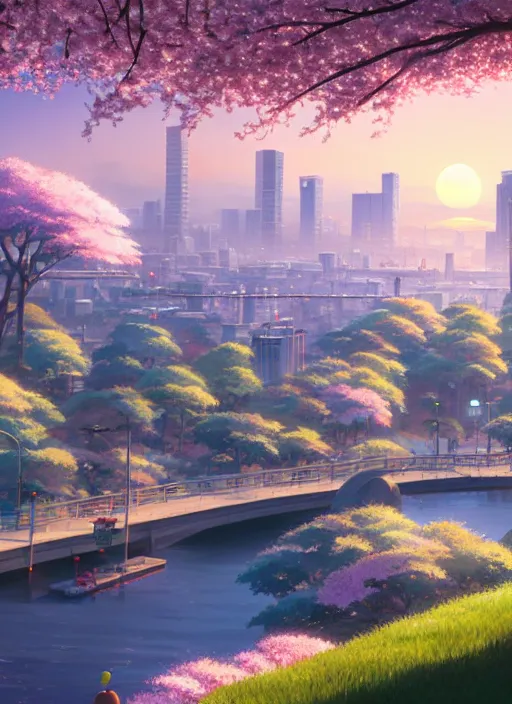 Image similar to a wholesome animation key shot, tokyo city in the background, cherry blossoms in the foreground, studio ghibli, pixar and disney animation, sharp, rendered in unreal engine 5, anime key art by greg rutkowski, bloom, dramatic lighting