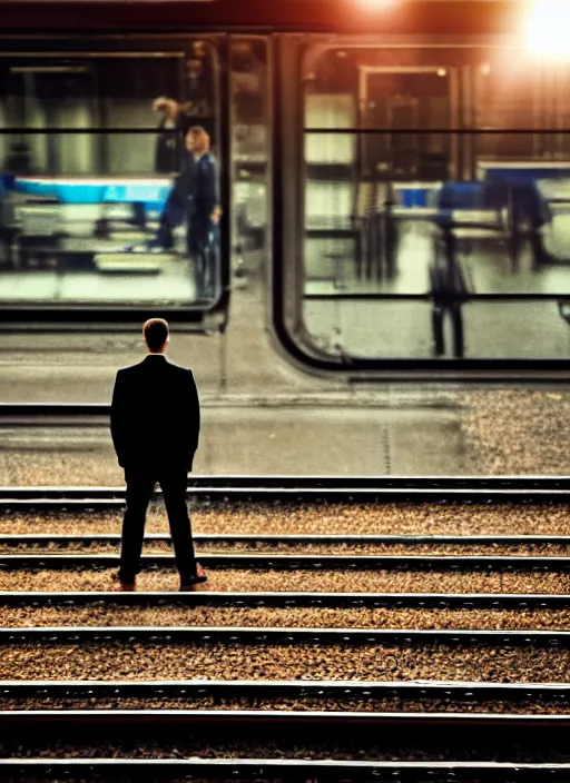 Prompt: a 2 8 mm macro photo from the back of a businessman standing on a train platform, splash art, movie still, bokeh, canon 5 0 mm, cinematic lighting, dramatic, film, photography, golden hour, depth of field, award - winning, anamorphic lens flare, 8 k, hyper detailed, 3 5 mm film grain