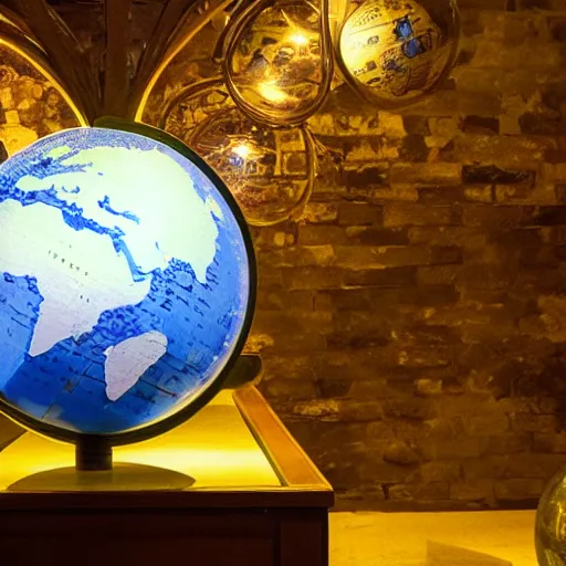 Prompt: medium-shot fantasy globe in the museum with shining with yellow light glass spheres floating around,