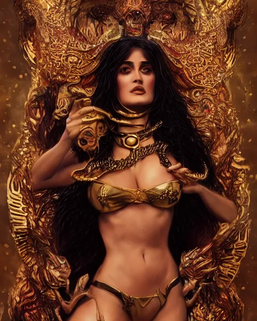 Image similar to concept art, Salma Hayek wearing a chain main bikini , as a demon woman, beautiful, frank frazetta, ornate, art nouveau, symmetrical, gold jewelry, high contrast, unbiased render, Emil melmoth, eerie, haunting, victorian, 8k, octane render, style of Gustav Klimt, head and shoulders