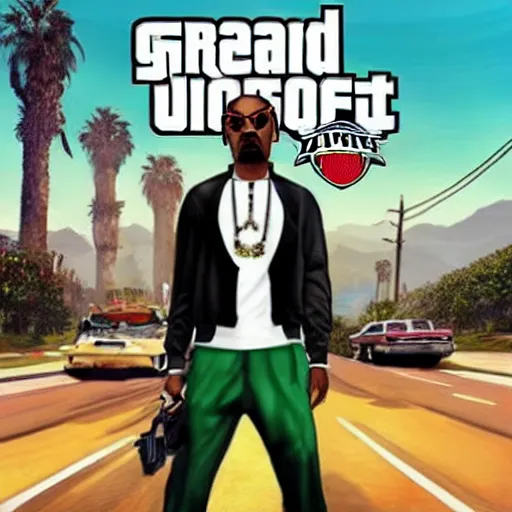 Prompt: snoop dogg as gta 5 cover art