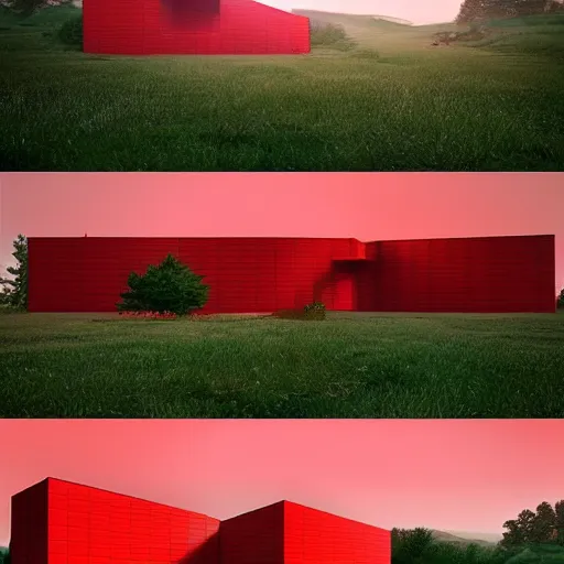 Prompt: futuristic rectangular red house with courtyard and flat roof, on a hill surrounded by big trees, dramatic lighting, artstation, matte painting, raphael lacoste, simon stalenhag, frank lloyd wright, zaha hadid, drone view