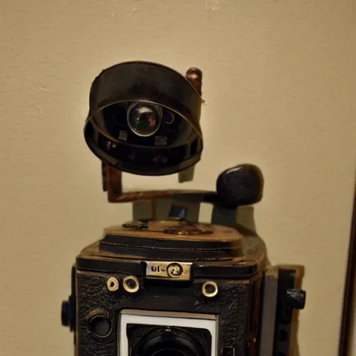 Image similar to a review of a very old camera the camera is recording an old room in the room there is an animatronic standing there deactivated the animatronic are broken