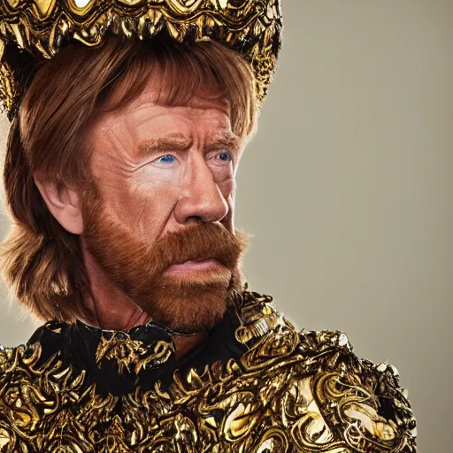 Prompt: 8 5 mm f 1. 8 photograph of chuck norris wearing an ornate costume by iris van herpen, highly detailed, digital painting, artstation, smooth, sharp foccus, commercial photography, fashion shoot