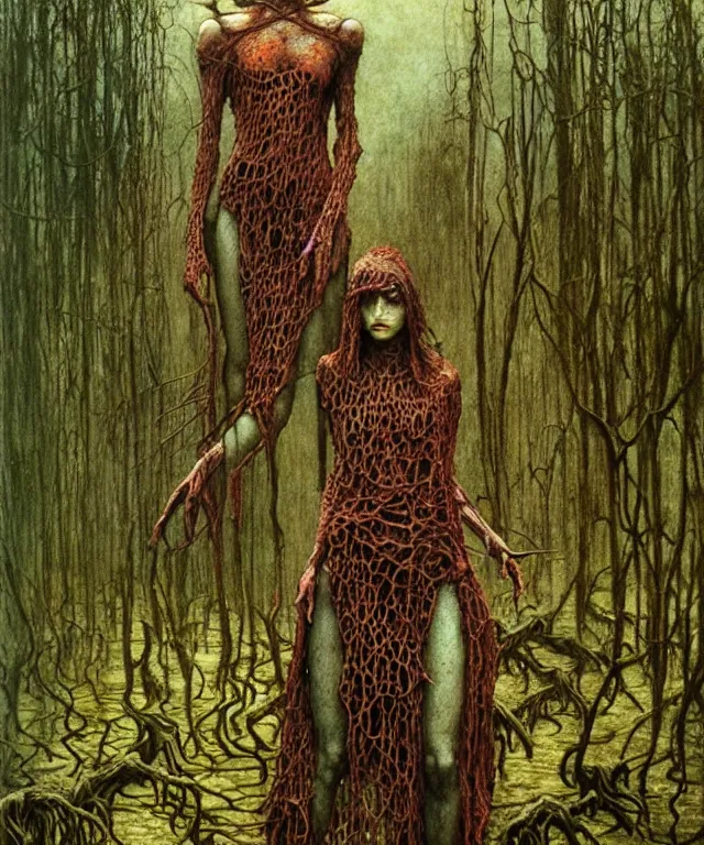 Prompt: a detailed mantiswoman stands among the swamps. wearing a ripped mantle, robe. perfect faces, extremely high details, realistic, fantasy art, solo, masterpiece, art by zdzislaw beksinski, arthur rackham, dariusz zawadzki