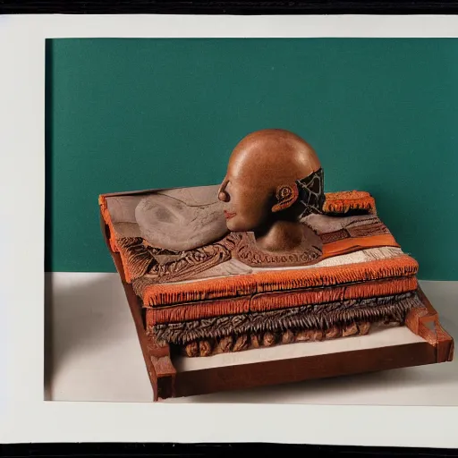 Prompt: A three color offset photography of objects on display, anthropology of wonder, exotic artifacts, abstract art, colonial expedition, catalog exhibition, 60s style