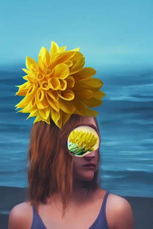 Prompt: closeup girl with huge yellow dahlia flower over face, on beach, surreal photography, blue sky, sunrise, dramatic light, impressionist painting, digital painting, artstation, simon stalenhag