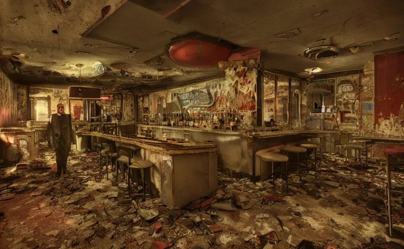 Prompt: horror photography of the rundown ruins of a 5 0 s bar in a tacky casino in fallout new vegas by lori nix