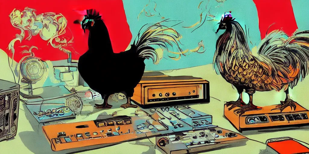 Image similar to 'black rooster'!!! smoking 'cannabis'!!!!!! in front of 'audio console'!!!! and 'multi monitors and projectors'!!!! 'in a hi-tech tv broadcasting studio with red camera rig'!!!!, artwork by James Gilleard