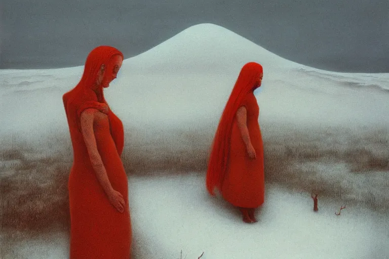 Image similar to a surrealist painting of a lonely woman with pale skin and red hair, standing over pile of bodies in post apocalyptic snowy landscape, painted by zdzisław beksinski