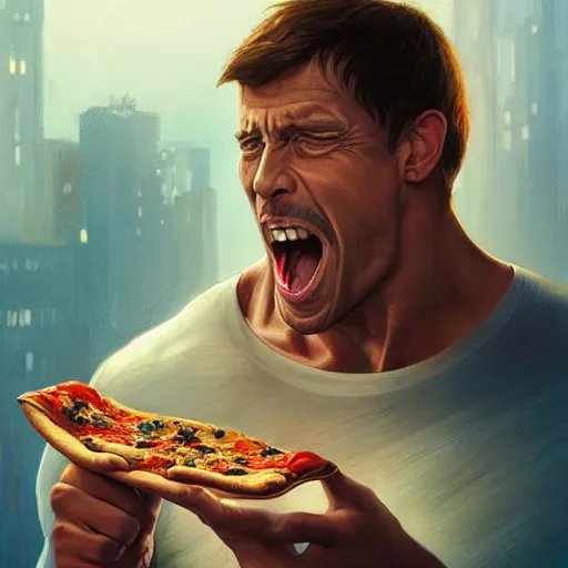Image similar to portrait of Tony Robbins opening his mouth to eat pizza, also smashing pizza with his fists, highly detailed, digital painting, artstation, concept art, sharp focus, illustration, art by artgerm and greg rutkowski and alphonse mucha