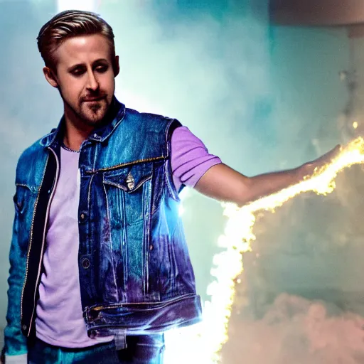 Prompt: Ryan Gosling with silver-violet hair, white eyes inflated press and denim glittery vest, wide lens, diorama, 4k,