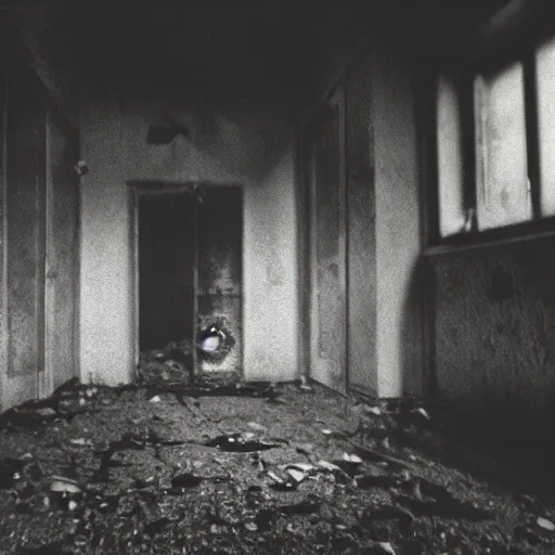 Image similar to an errie photo of a demons face peering at the camera inside of an abandoned school at midnight, eerie, grainy footage, liminal space, trevor henderson,