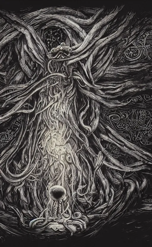 Image similar to portrait of lovecraftian elmo in the middle of it, surrounded by beams of light dark background by wayne barlow, stanley donwood, anton semenov, zdzislaw bekinski, hr giger, 8 k, fantasy, dark, highly detailed