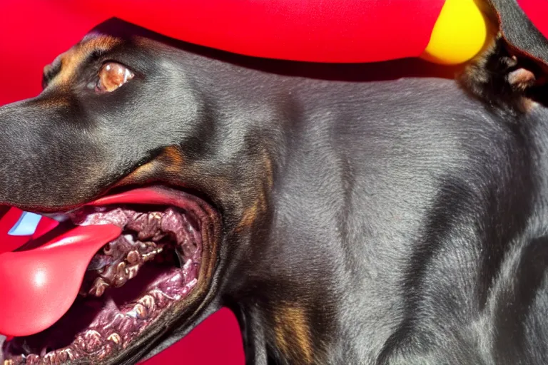 Image similar to profile of a snarling doberman wearing clown makeup and a red rubber nose, 4 k, hdr color