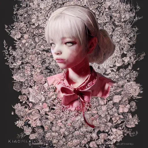 Image similar to the portrait of an absurdly beautiful, graceful, elegant, sophisticated, fashionable little girl made of strawberries and white petals looking down, an ultrafine hyperdetailed illustration by kim jung gi, irakli nadar, intricate linework, bright colors, octopath traveler, final fantasy, unreal engine 5 highly rendered, global illumination, radiant light, detailed and intricate environment