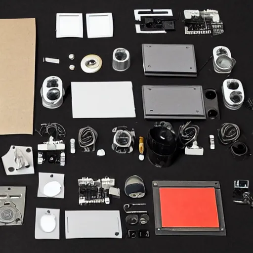 Image similar to a speaker taken apart and all its parts laid out neatly on a table