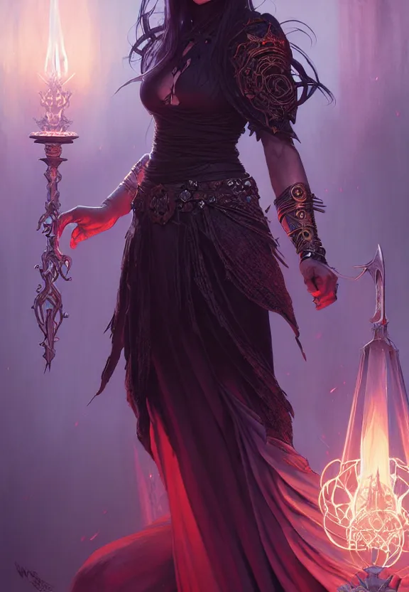 Image similar to Necromancer Sorceress in center, fantasy magic, undercut hairstyle, dark light night, intricate, elegant, sharp focus, illustration, highly detailed, digital painting, concept art, matte, art by WLOP and Artgerm and Greg Rutkowski and Alphonse Mucha, masterpiece