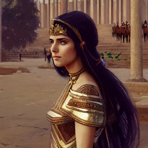 Prompt: A high class elite well dressed sumerian woman in a major Mesopotamian city, highly detailed, portrait, digital painting, artstation, concept art, sharp focus, illustration, cinematic lighting, art by artgerm and greg rutkowski and alphonse mucha