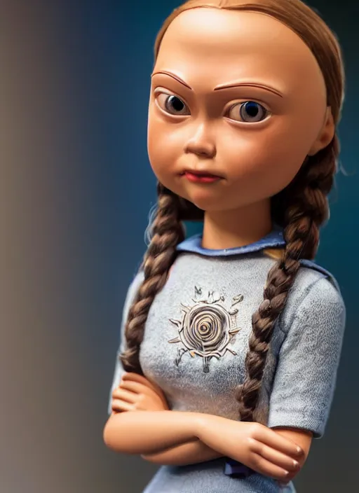 Prompt: closeup portrait of a tin toy greta thunberg, depth of field, zeiss lens, detailed, symmetrical, centered, fashion photoshoot, by nicoletta ceccoli, mark ryden, lostfish, earl nore, hyung tae, frank frazetta, breathtaking, 8 k resolution, extremely detailed, beautiful, establishing shot, artistic, hyperrealistic, octane render