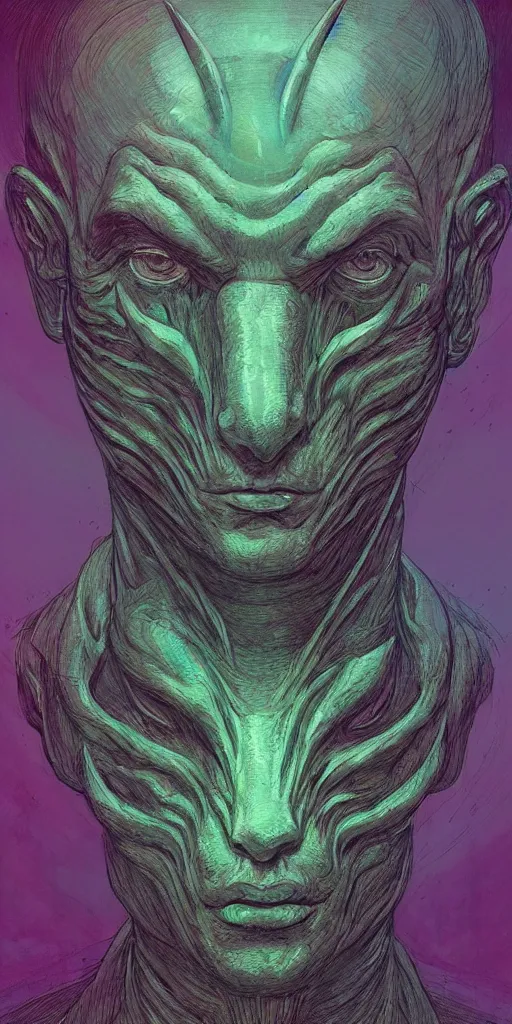 Prompt: scifi character portrait of man in the style of android jones and zdzislaw beksinski, 1 / 4 headshot.