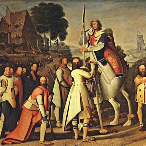 Prompt: a king and his knights standing over poor peasants, historical painting